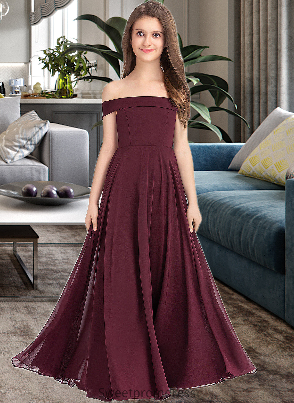 Lillian A-Line Off-the-Shoulder Floor-Length Chiffon Junior Bridesmaid Dress DHP0013323