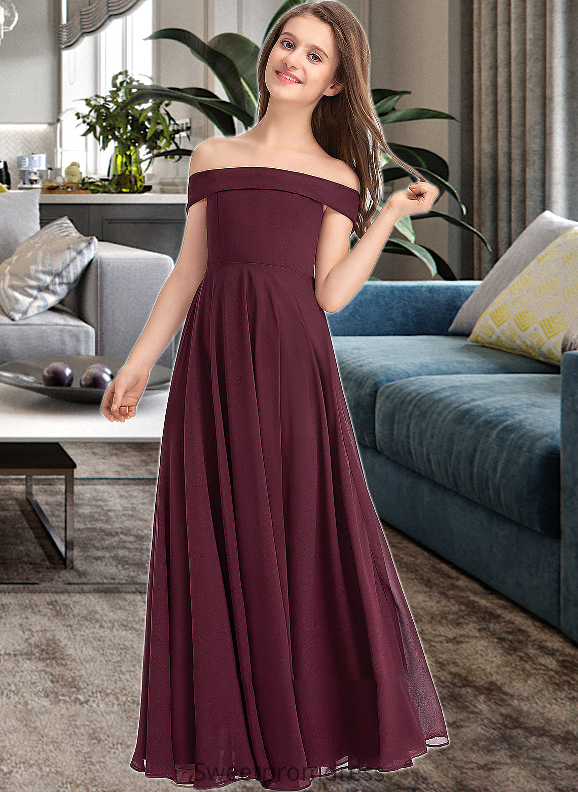 Lillian A-Line Off-the-Shoulder Floor-Length Chiffon Junior Bridesmaid Dress DHP0013323