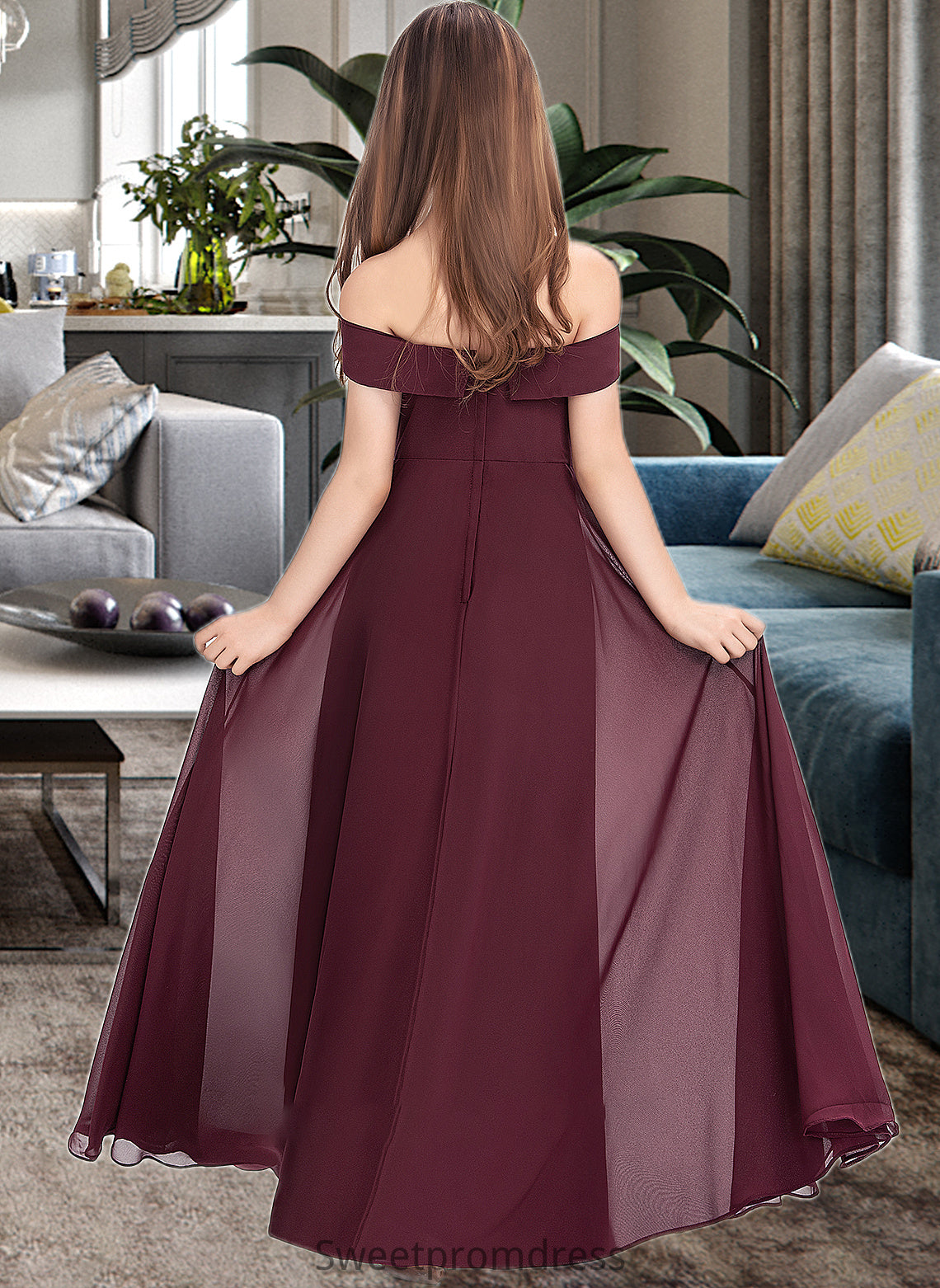 Lillian A-Line Off-the-Shoulder Floor-Length Chiffon Junior Bridesmaid Dress DHP0013323