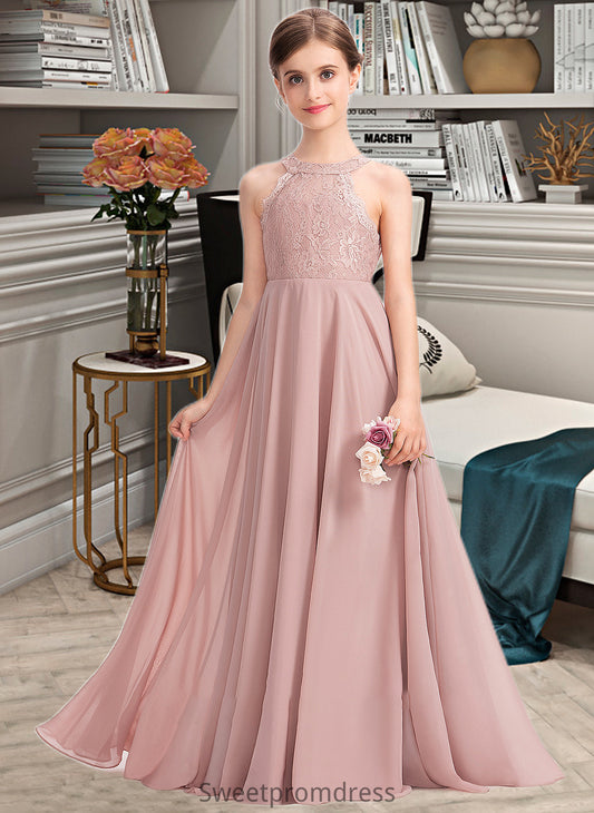 Yvonne A-Line Scoop Neck Floor-Length Chiffon Lace Junior Bridesmaid Dress DHP0013324