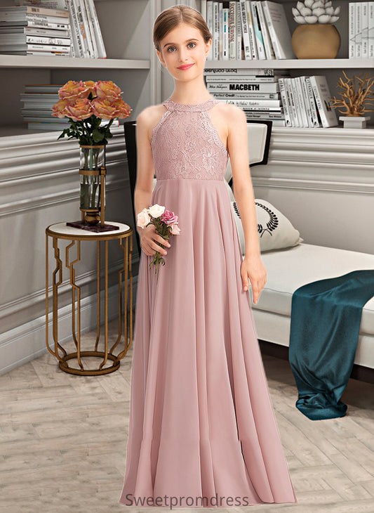 Yvonne A-Line Scoop Neck Floor-Length Chiffon Lace Junior Bridesmaid Dress DHP0013324