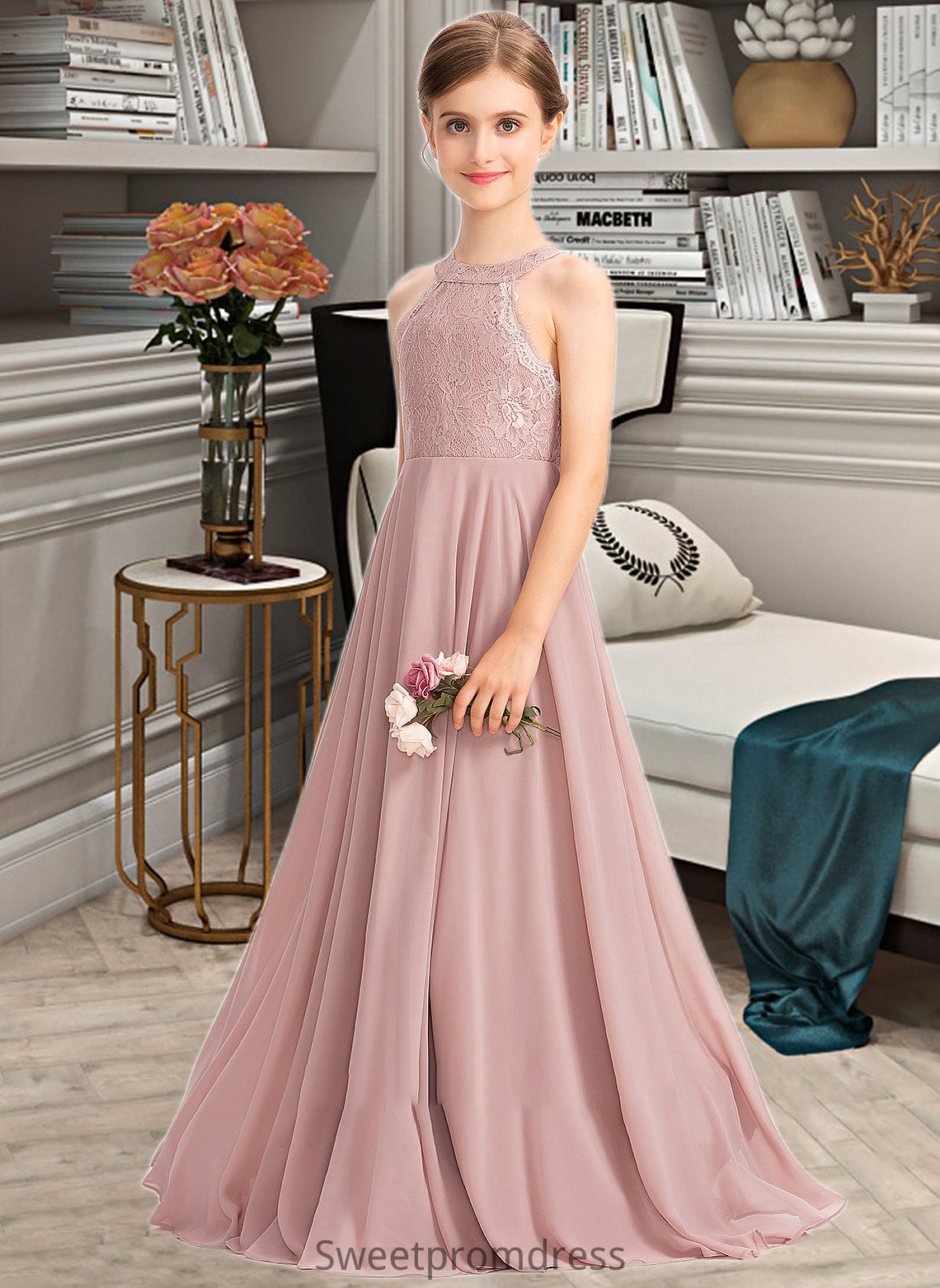 Yvonne A-Line Scoop Neck Floor-Length Chiffon Lace Junior Bridesmaid Dress DHP0013324