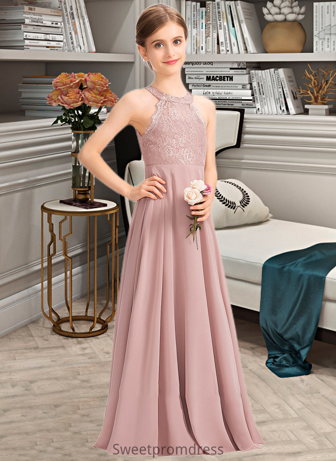 Yvonne A-Line Scoop Neck Floor-Length Chiffon Lace Junior Bridesmaid Dress DHP0013324