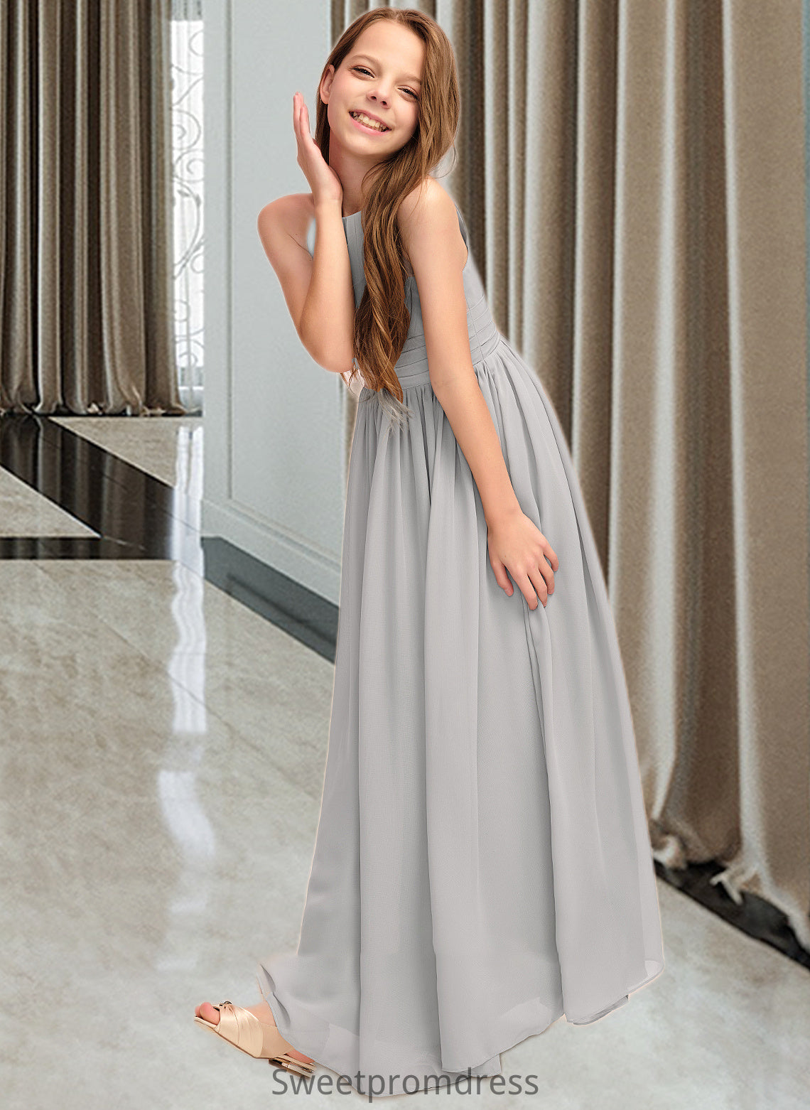 Delaney A-Line Scoop Neck Floor-Length Chiffon Junior Bridesmaid Dress With Ruffle DHP0013325