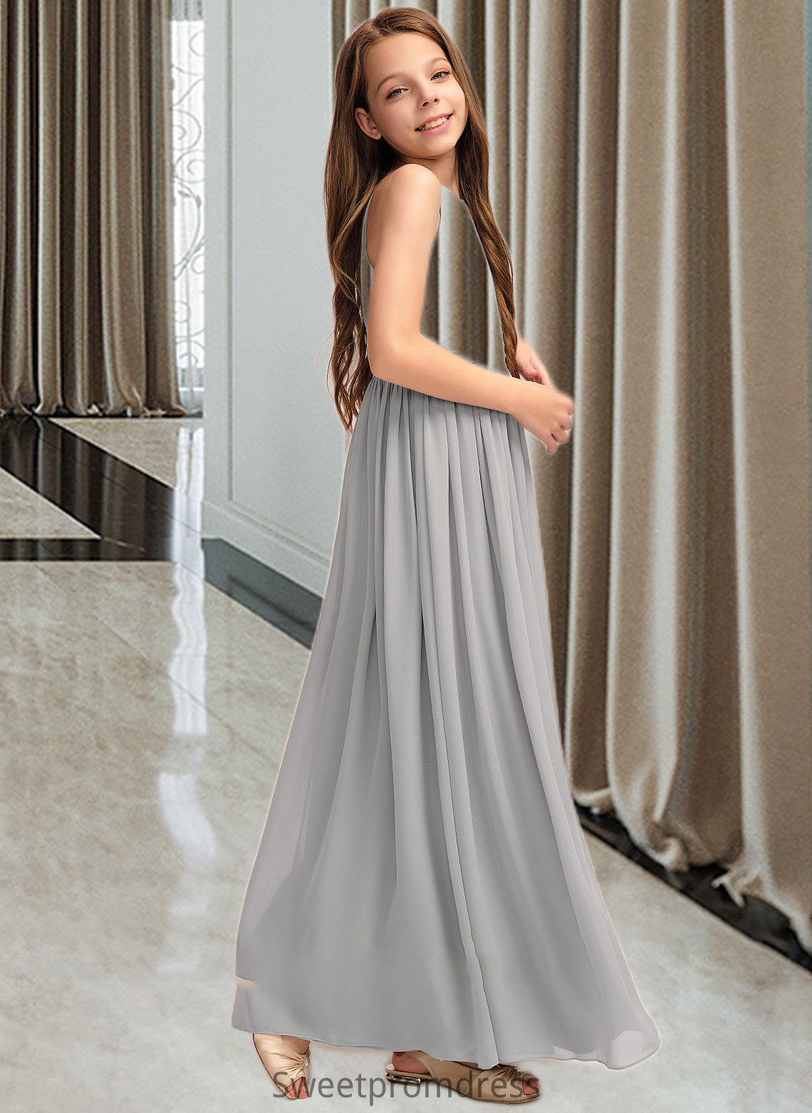 Delaney A-Line Scoop Neck Floor-Length Chiffon Junior Bridesmaid Dress With Ruffle DHP0013325