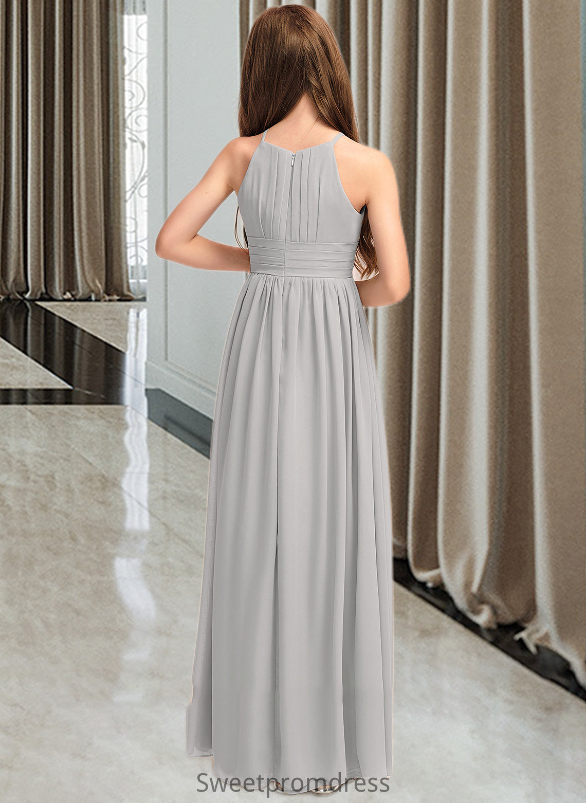 Delaney A-Line Scoop Neck Floor-Length Chiffon Junior Bridesmaid Dress With Ruffle DHP0013325