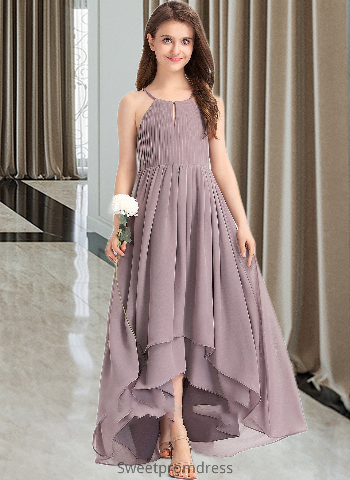 Carla A-Line Scoop Neck Asymmetrical Chiffon Junior Bridesmaid Dress With Ruffle Bow(s) DHP0013326