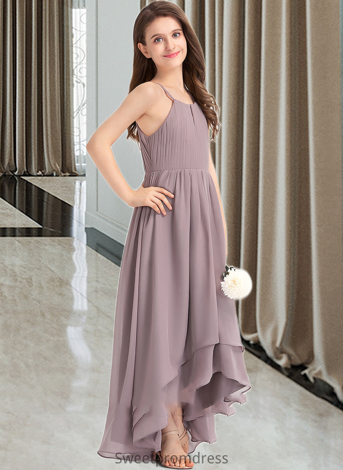 Carla A-Line Scoop Neck Asymmetrical Chiffon Junior Bridesmaid Dress With Ruffle Bow(s) DHP0013326