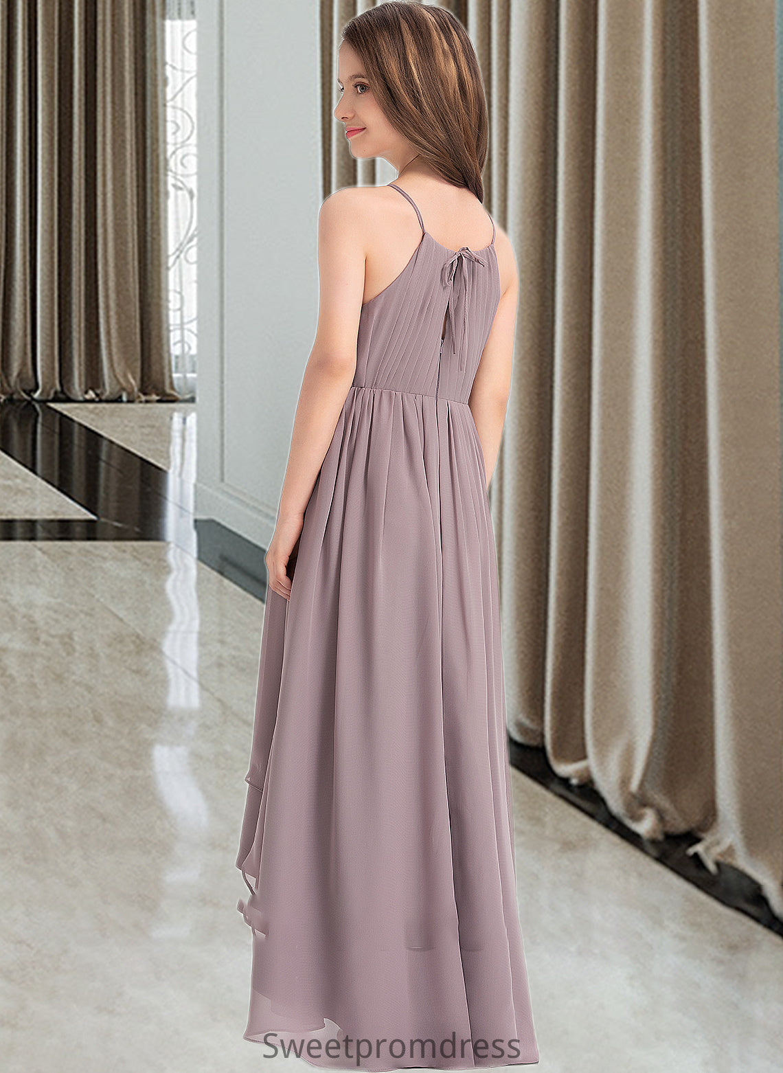 Carla A-Line Scoop Neck Asymmetrical Chiffon Junior Bridesmaid Dress With Ruffle Bow(s) DHP0013326