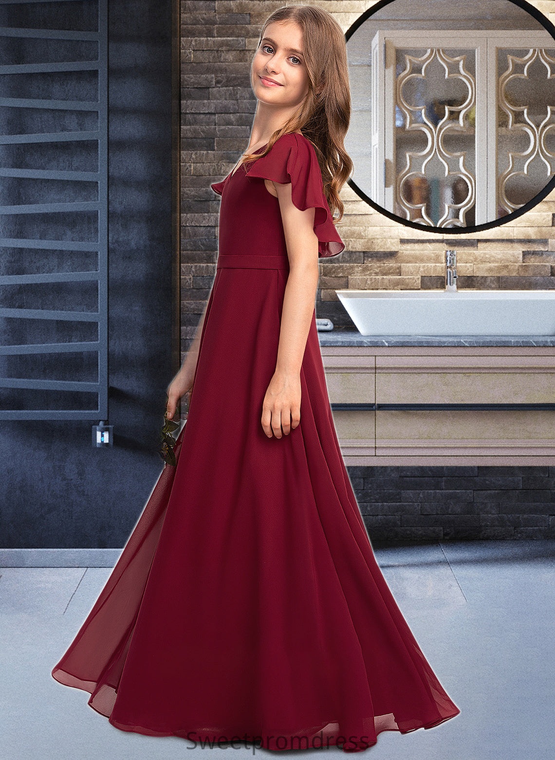 Shelby A-Line V-neck Floor-Length Chiffon Junior Bridesmaid Dress With Cascading Ruffles DHP0013327