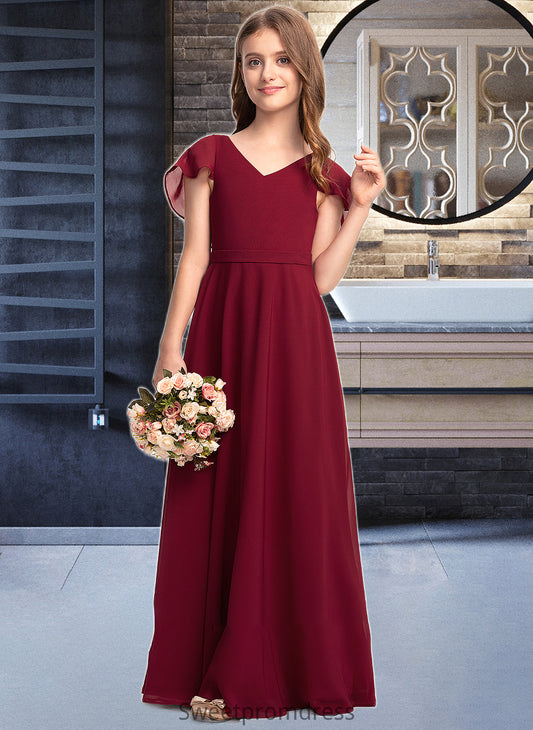 Shelby A-Line V-neck Floor-Length Chiffon Junior Bridesmaid Dress With Cascading Ruffles DHP0013327