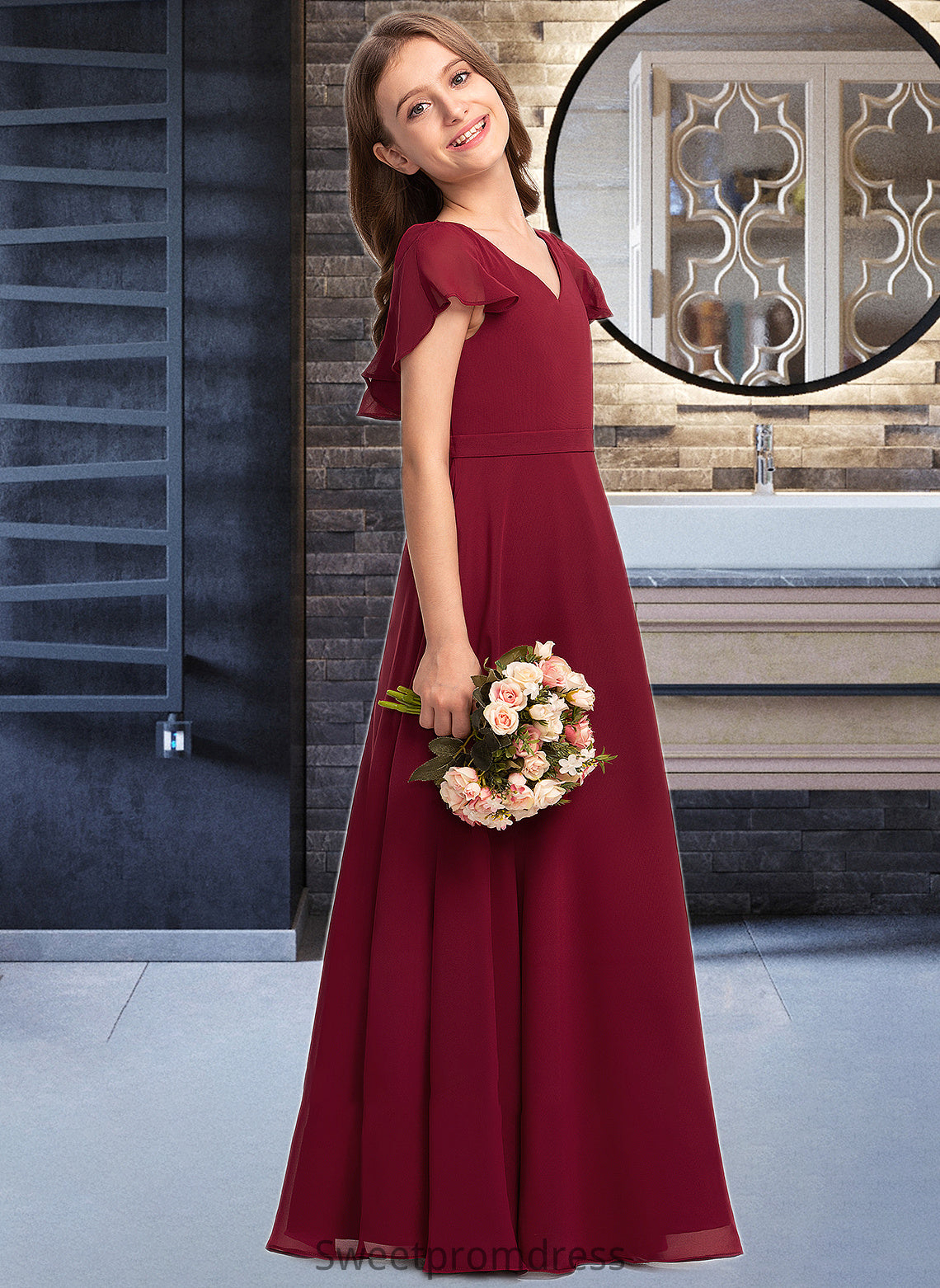 Shelby A-Line V-neck Floor-Length Chiffon Junior Bridesmaid Dress With Cascading Ruffles DHP0013327