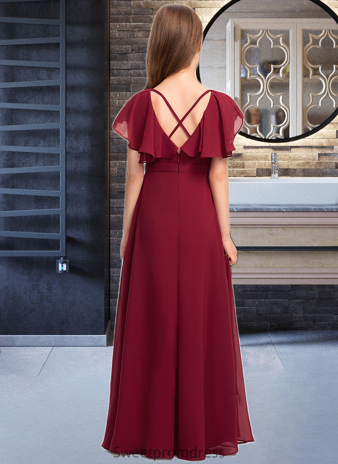 Shelby A-Line V-neck Floor-Length Chiffon Junior Bridesmaid Dress With Cascading Ruffles DHP0013327