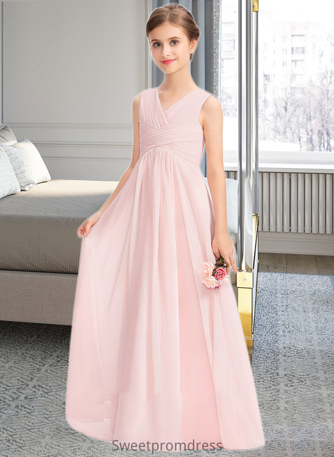 Justine A-Line V-neck Floor-Length Chiffon Junior Bridesmaid Dress With Ruffle DHP0013328