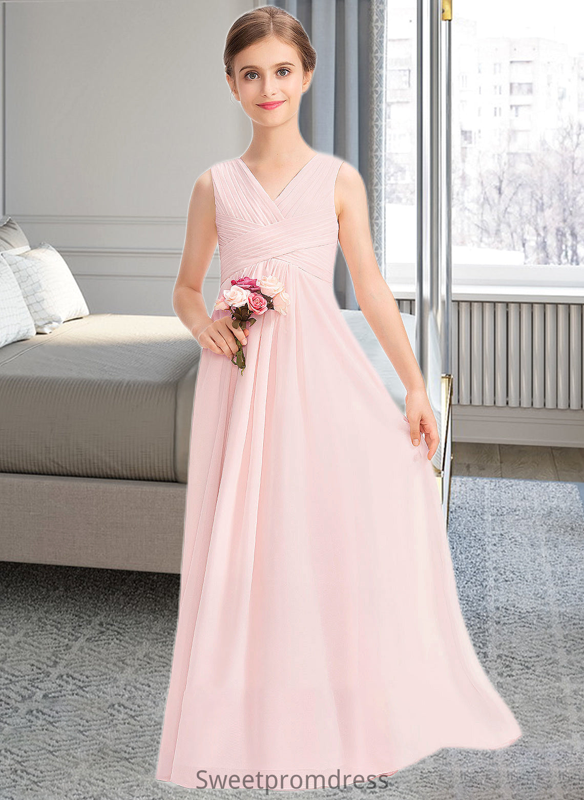 Justine A-Line V-neck Floor-Length Chiffon Junior Bridesmaid Dress With Ruffle DHP0013328