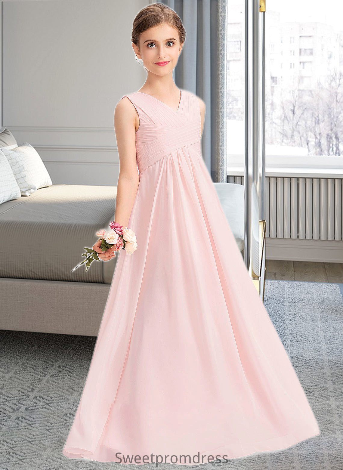 Justine A-Line V-neck Floor-Length Chiffon Junior Bridesmaid Dress With Ruffle DHP0013328