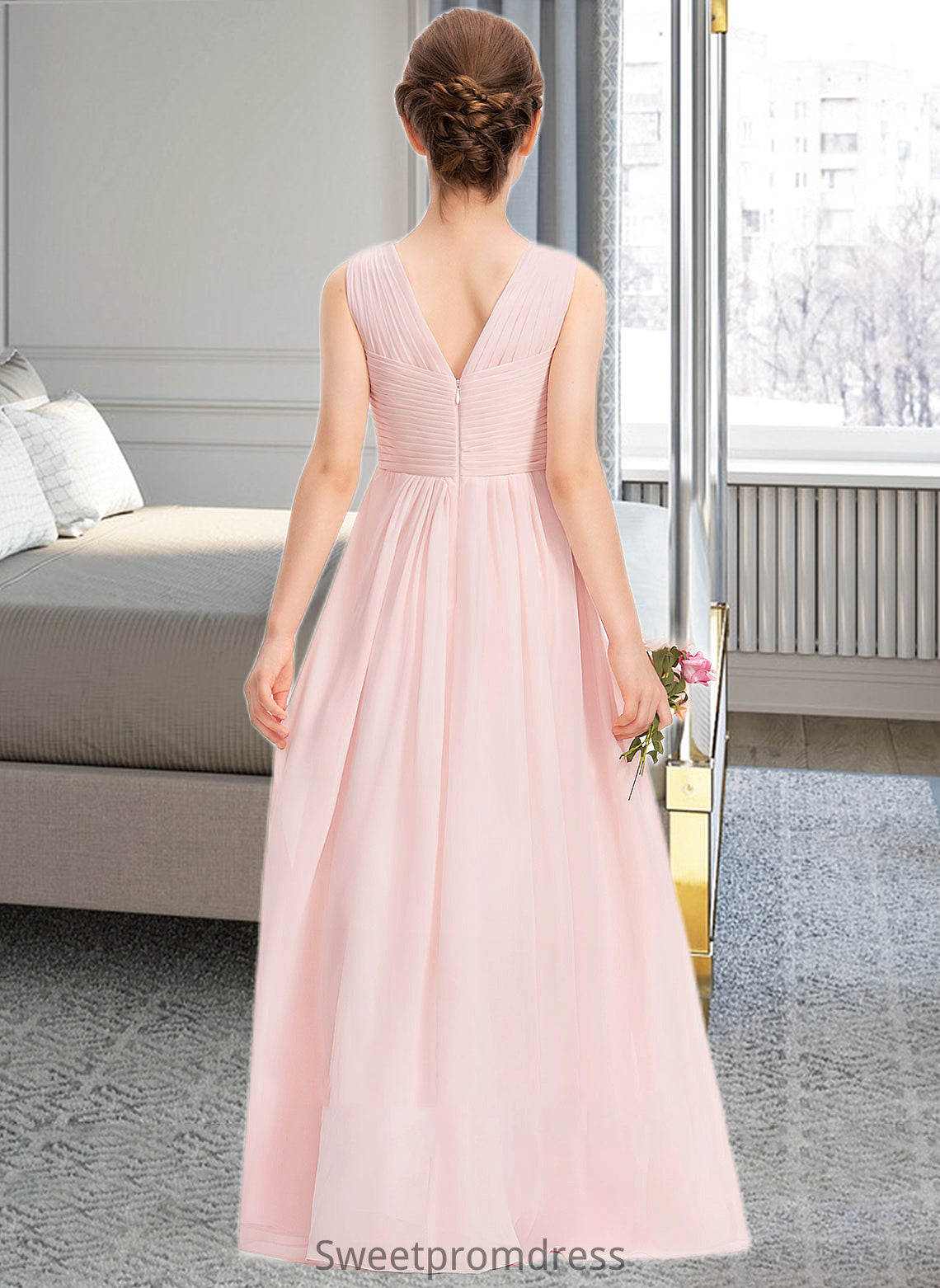 Justine A-Line V-neck Floor-Length Chiffon Junior Bridesmaid Dress With Ruffle DHP0013328