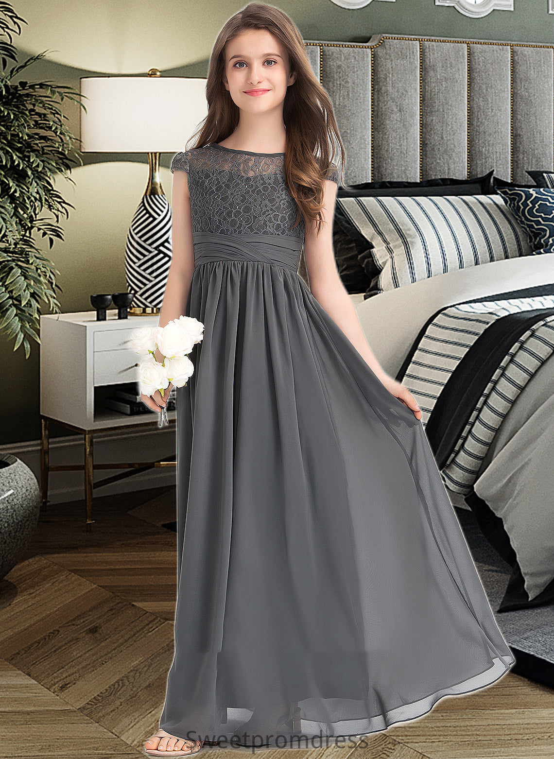 Kimora A-Line Scoop Neck Floor-Length Chiffon Lace Junior Bridesmaid Dress With Ruffle DHP0013331