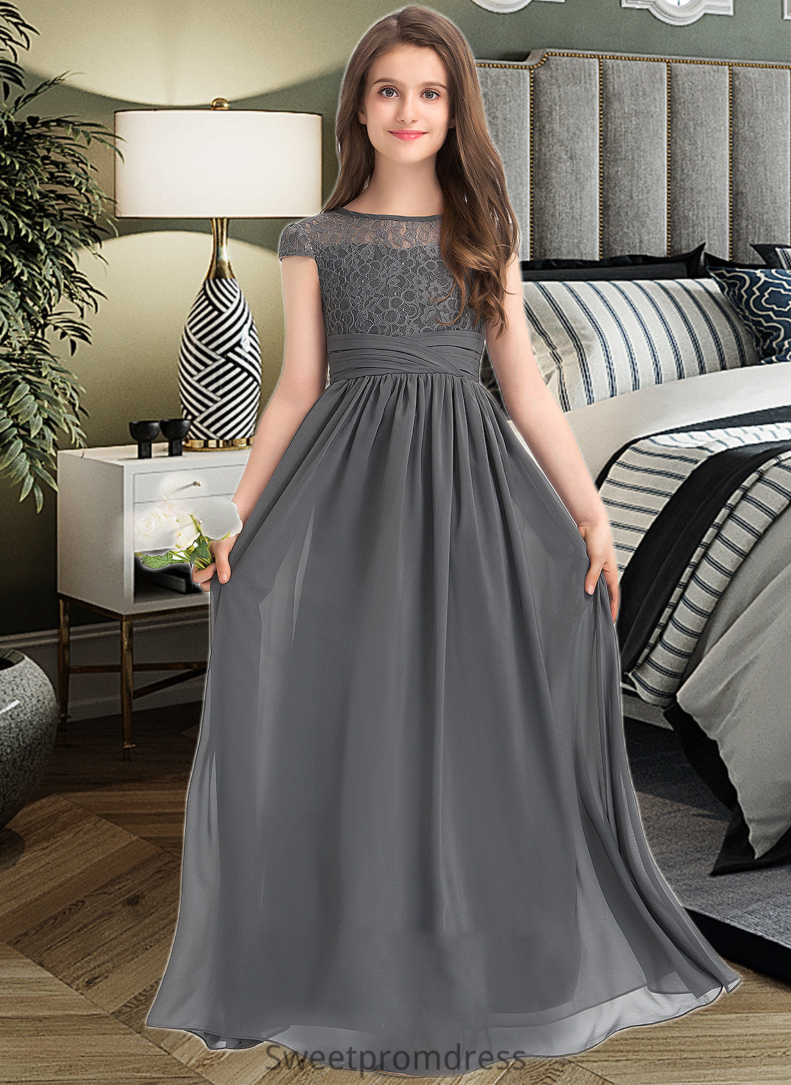 Kimora A-Line Scoop Neck Floor-Length Chiffon Lace Junior Bridesmaid Dress With Ruffle DHP0013331