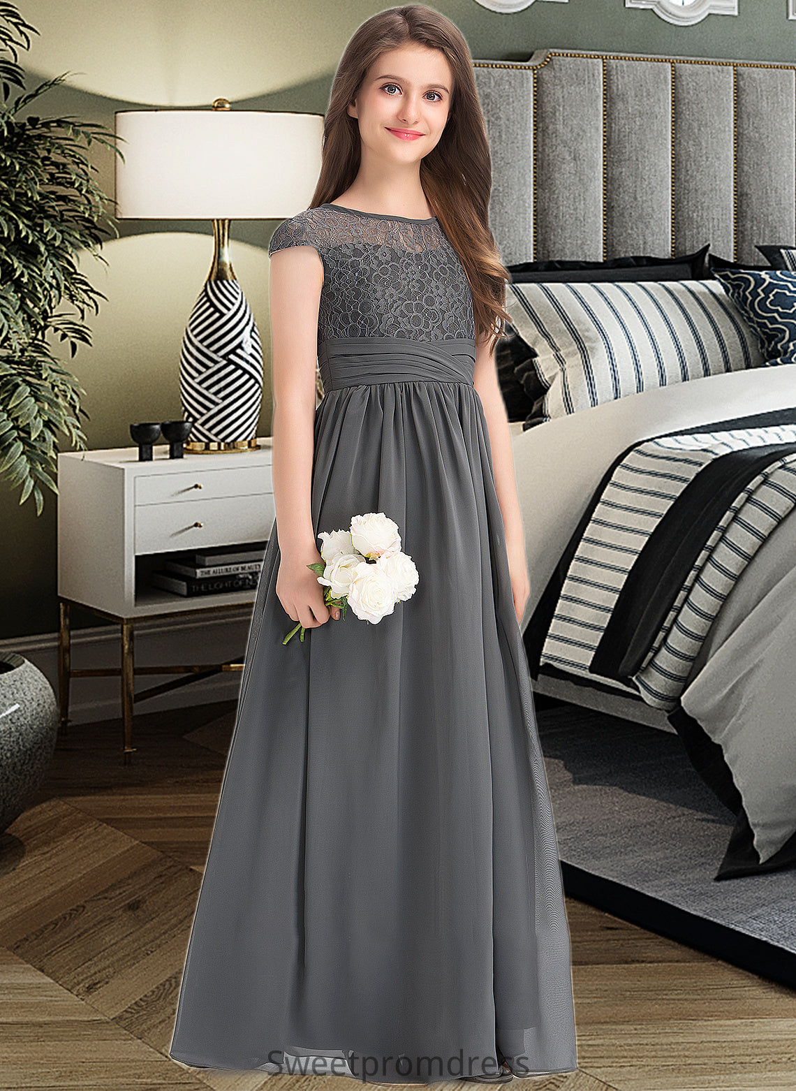 Kimora A-Line Scoop Neck Floor-Length Chiffon Lace Junior Bridesmaid Dress With Ruffle DHP0013331