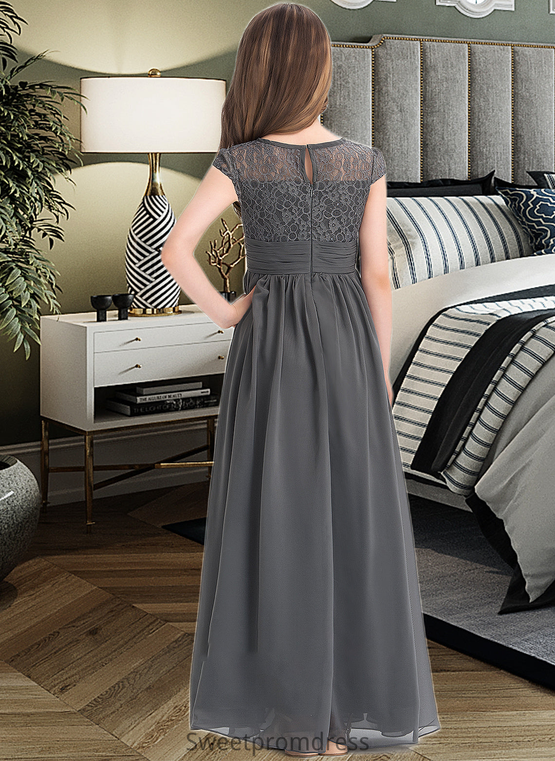 Kimora A-Line Scoop Neck Floor-Length Chiffon Lace Junior Bridesmaid Dress With Ruffle DHP0013331