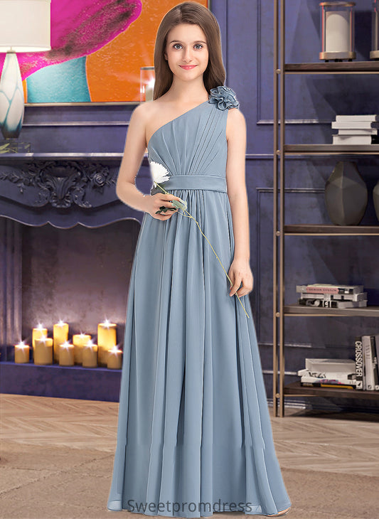 Chasity A-Line One-Shoulder Floor-Length Chiffon Junior Bridesmaid Dress With Ruffle Flower(s) DHP0013332