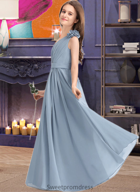 Chasity A-Line One-Shoulder Floor-Length Chiffon Junior Bridesmaid Dress With Ruffle Flower(s) DHP0013332