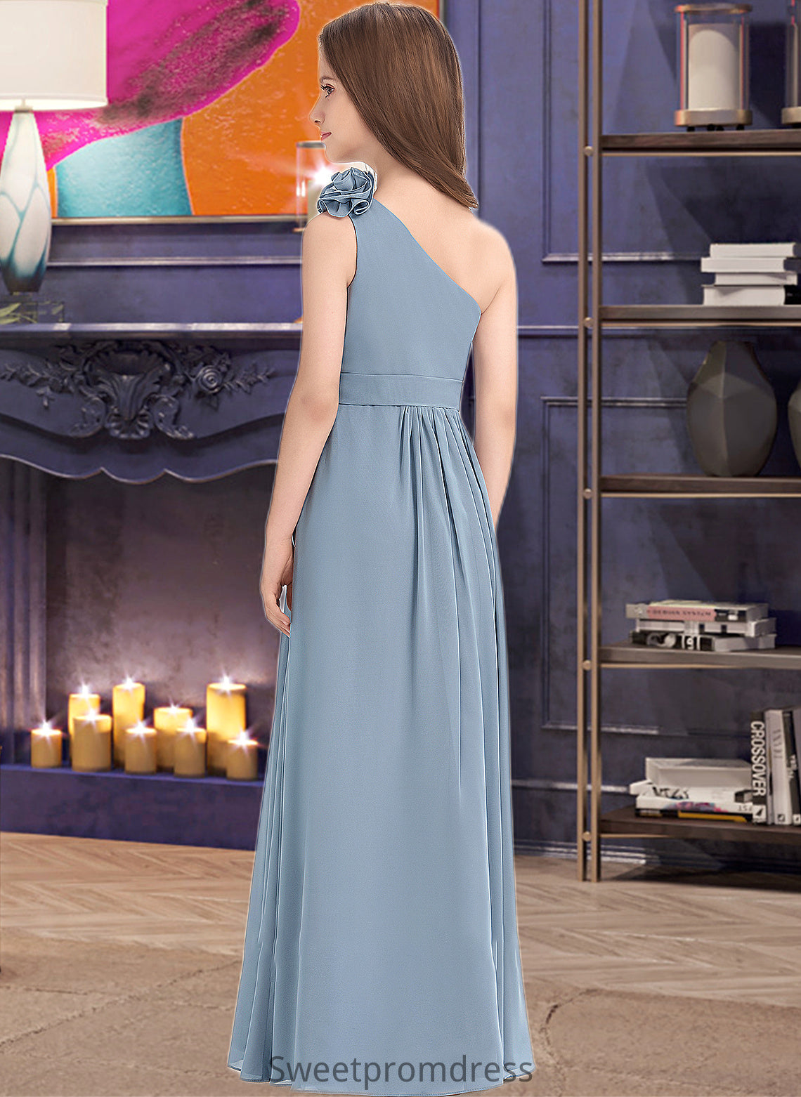 Chasity A-Line One-Shoulder Floor-Length Chiffon Junior Bridesmaid Dress With Ruffle Flower(s) DHP0013332