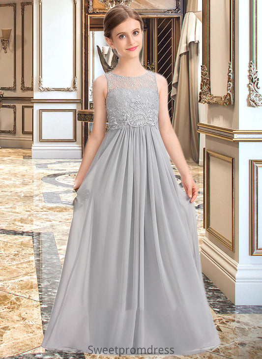 Leah A-Line Scoop Neck Floor-Length Chiffon Lace Junior Bridesmaid Dress DHP0013333