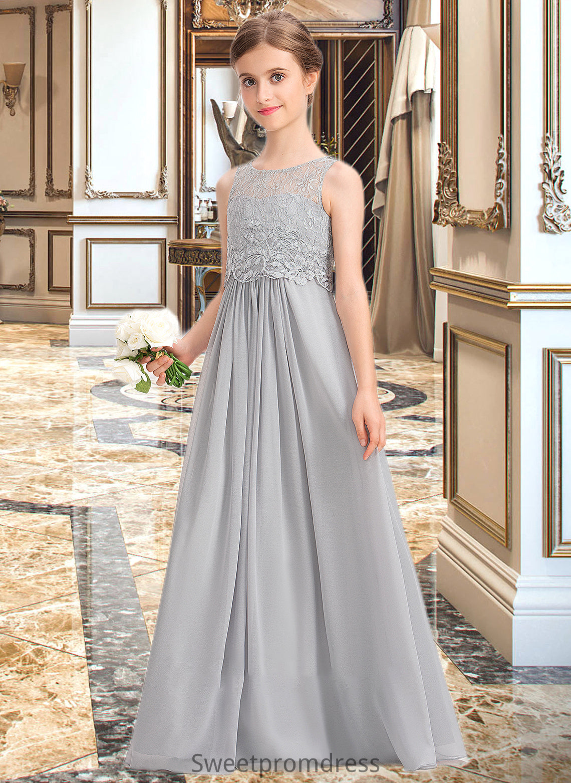 Leah A-Line Scoop Neck Floor-Length Chiffon Lace Junior Bridesmaid Dress DHP0013333