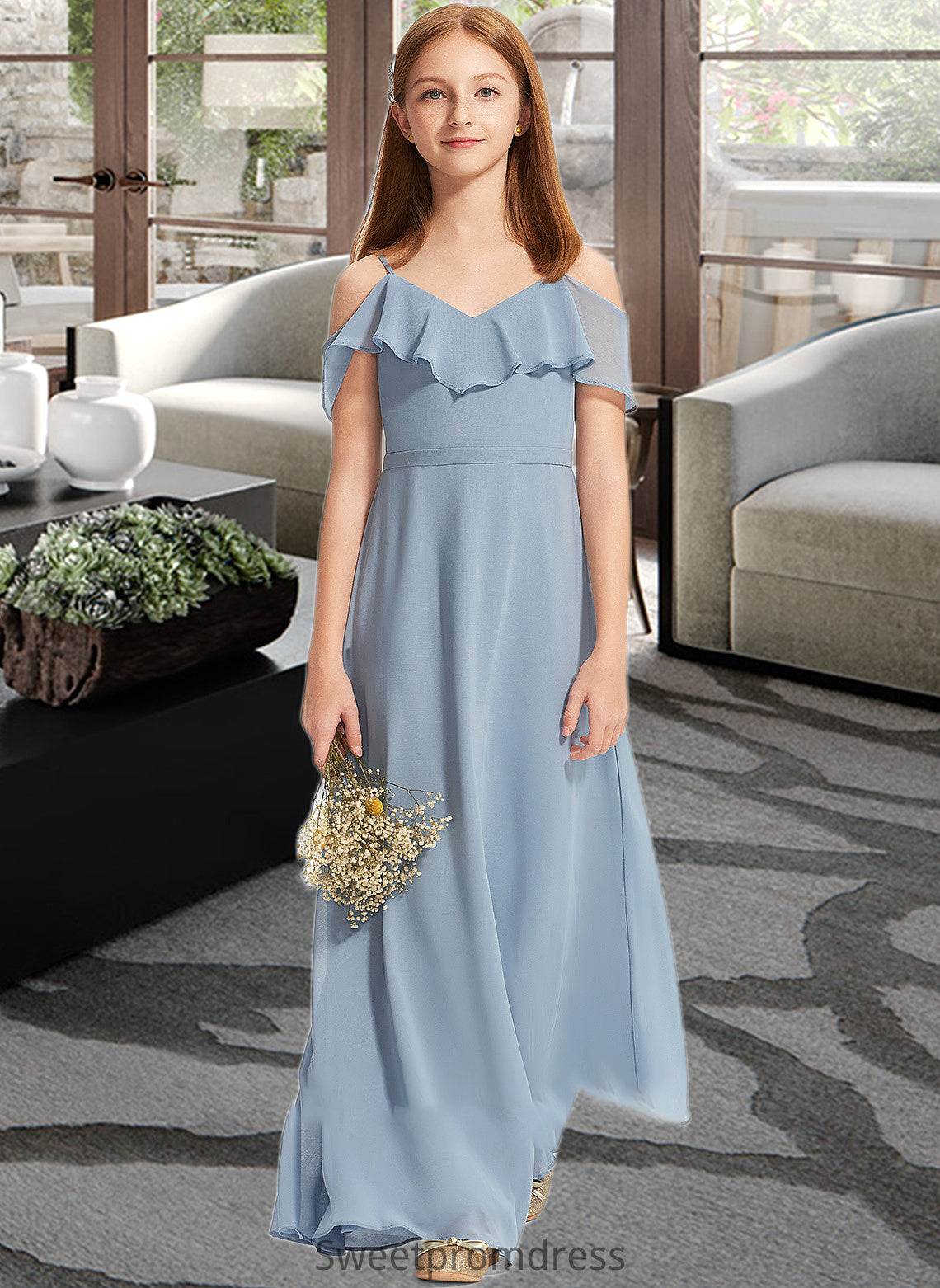 Angeline A-Line Off-the-Shoulder Floor-Length Chiffon Junior Bridesmaid Dress With Ruffles DHP0013334