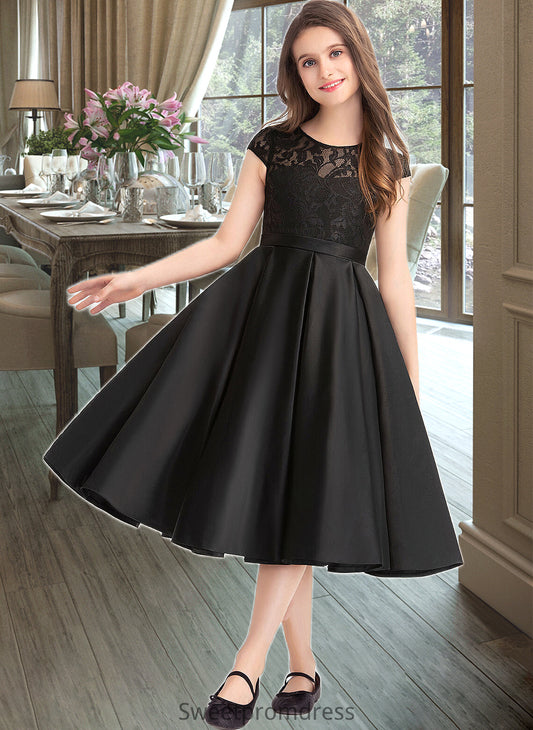 Minnie A-Line Scoop Neck Knee-Length Satin Lace Junior Bridesmaid Dress With Pockets DHP0013335