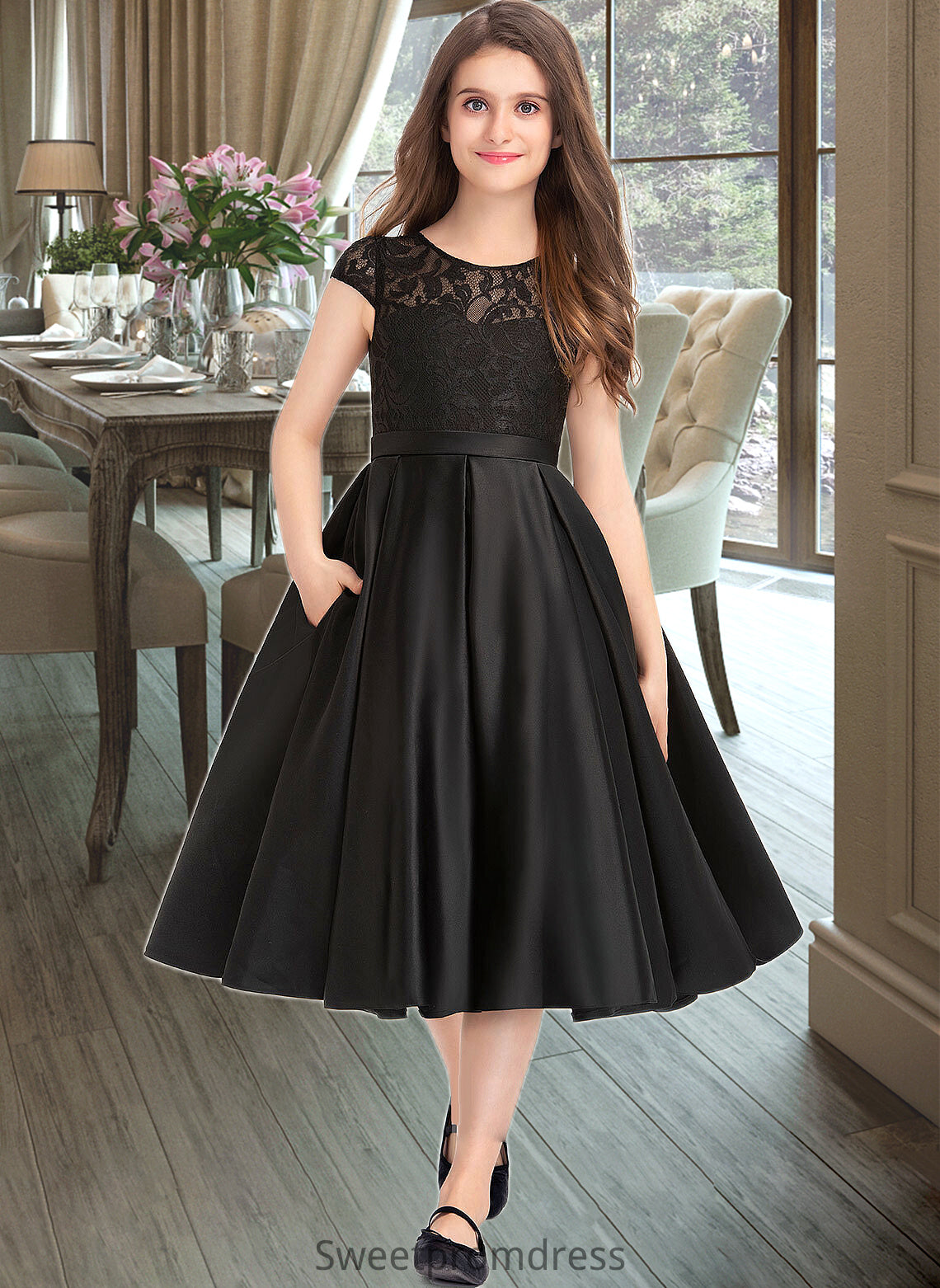 Minnie A-Line Scoop Neck Knee-Length Satin Lace Junior Bridesmaid Dress With Pockets DHP0013335