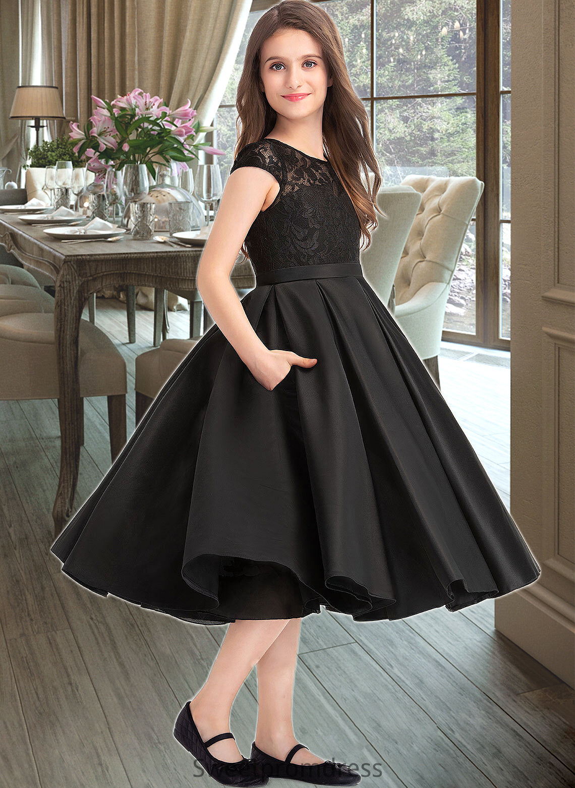 Minnie A-Line Scoop Neck Knee-Length Satin Lace Junior Bridesmaid Dress With Pockets DHP0013335