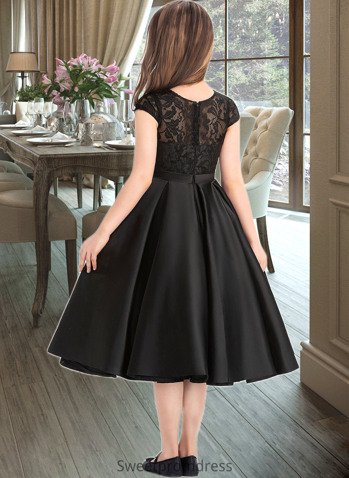 Minnie A-Line Scoop Neck Knee-Length Satin Lace Junior Bridesmaid Dress With Pockets DHP0013335