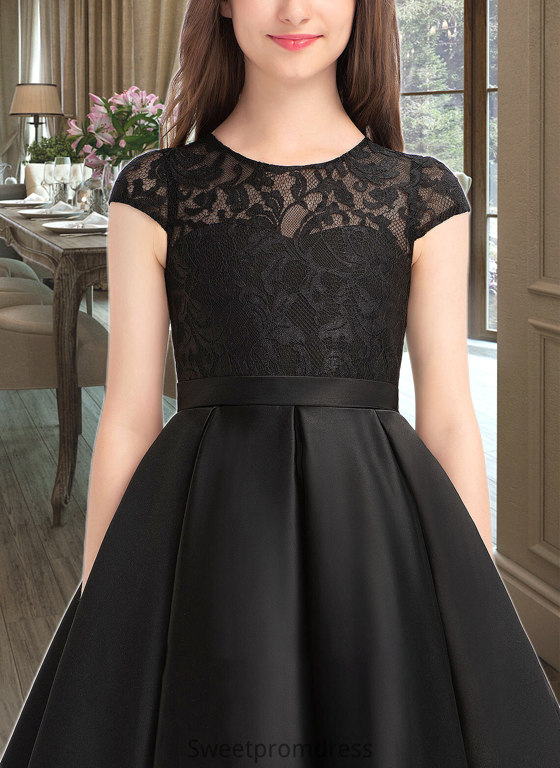 Minnie A-Line Scoop Neck Knee-Length Satin Lace Junior Bridesmaid Dress With Pockets DHP0013335