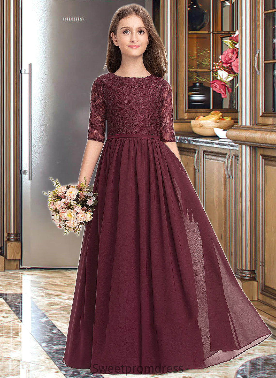 Cloe A-Line Scoop Neck Floor-Length Chiffon Lace Junior Bridesmaid Dress DHP0013336