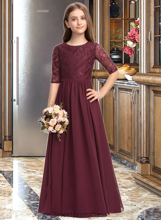 Cloe A-Line Scoop Neck Floor-Length Chiffon Lace Junior Bridesmaid Dress DHP0013336