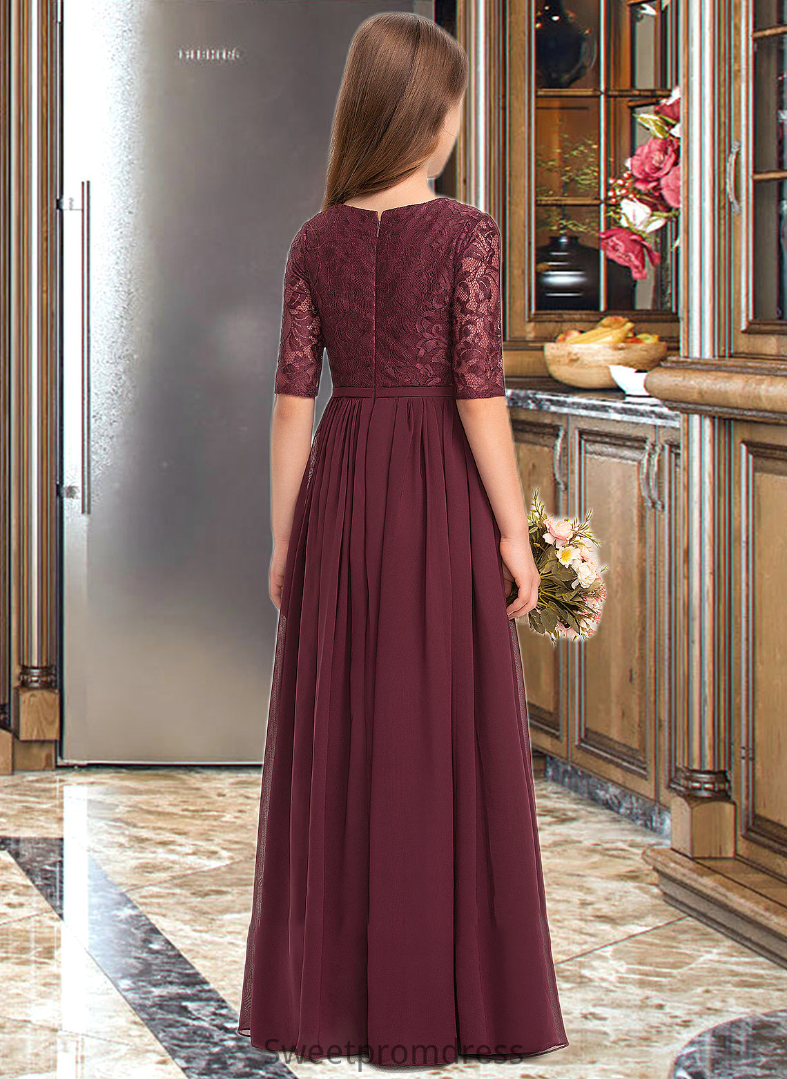 Cloe A-Line Scoop Neck Floor-Length Chiffon Lace Junior Bridesmaid Dress DHP0013336