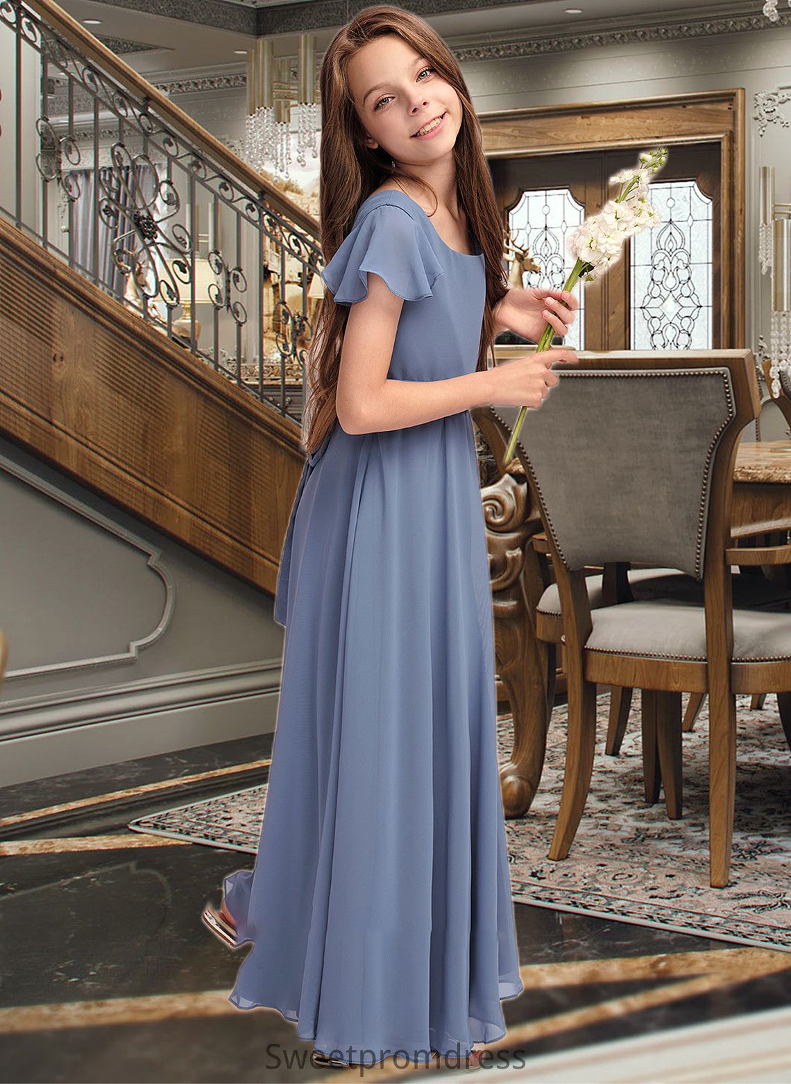 Natalee A-Line Scoop Neck Floor-Length Chiffon Junior Bridesmaid Dress With Bow(s) DHP0013337