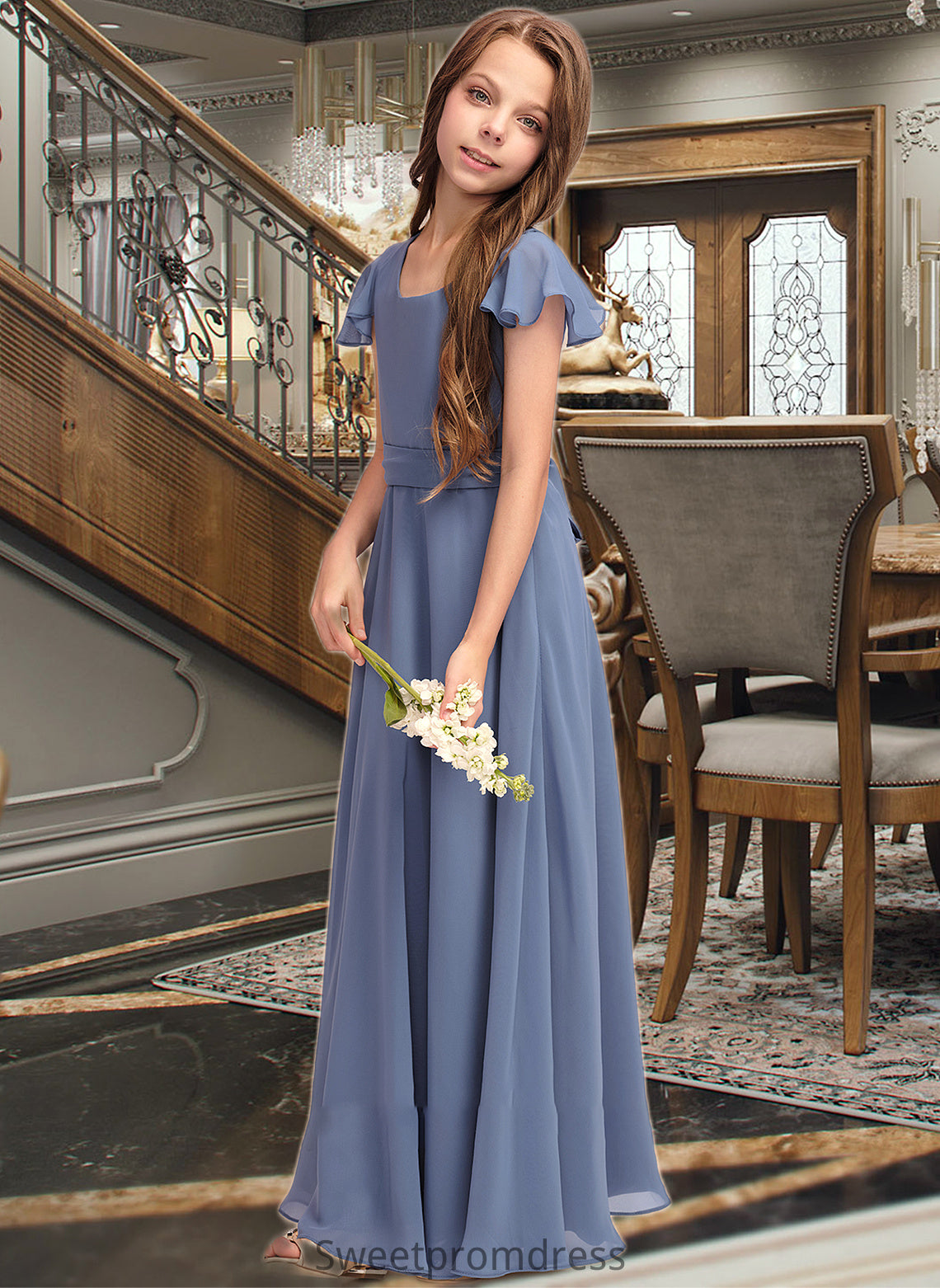 Natalee A-Line Scoop Neck Floor-Length Chiffon Junior Bridesmaid Dress With Bow(s) DHP0013337