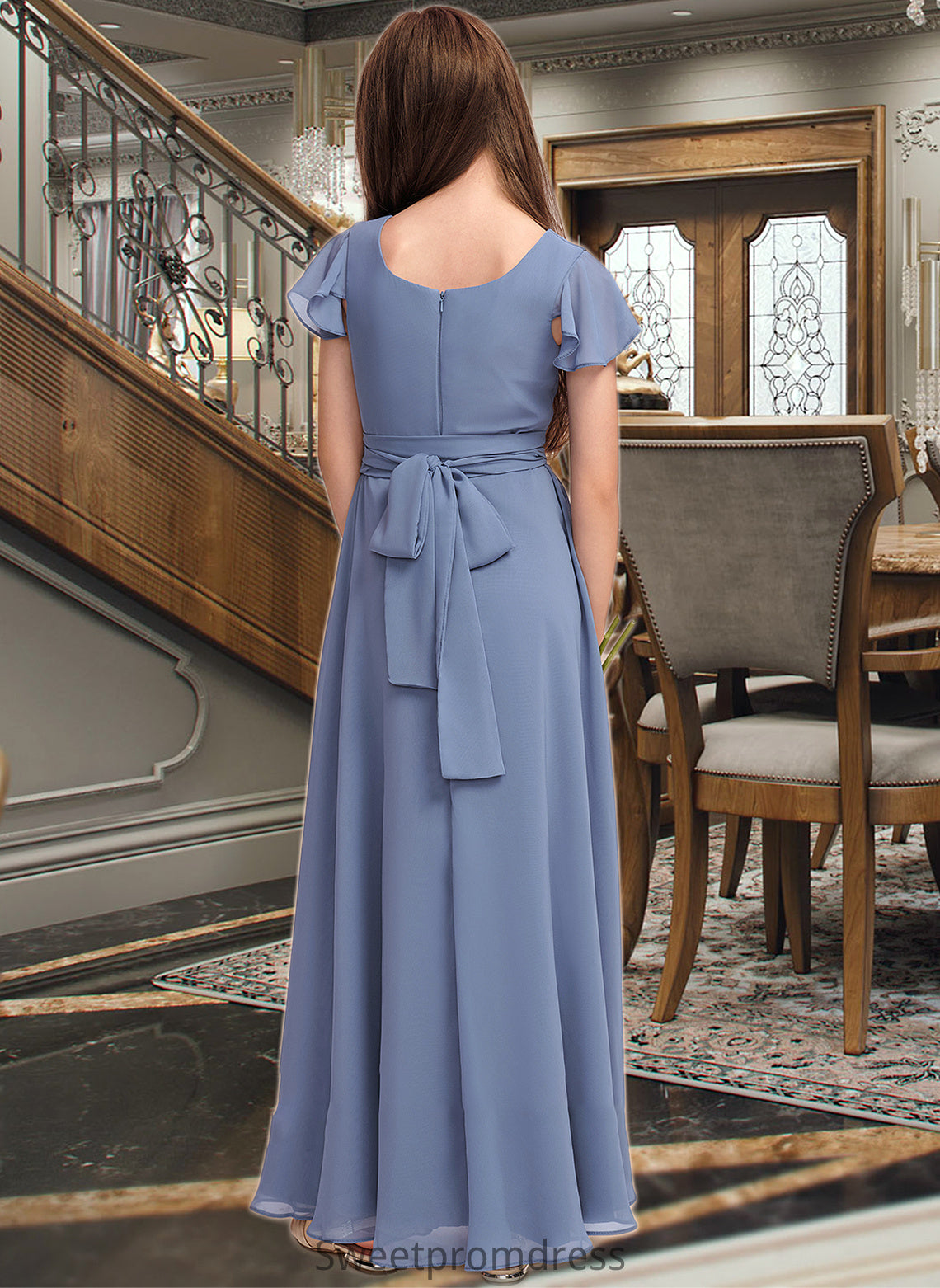 Natalee A-Line Scoop Neck Floor-Length Chiffon Junior Bridesmaid Dress With Bow(s) DHP0013337