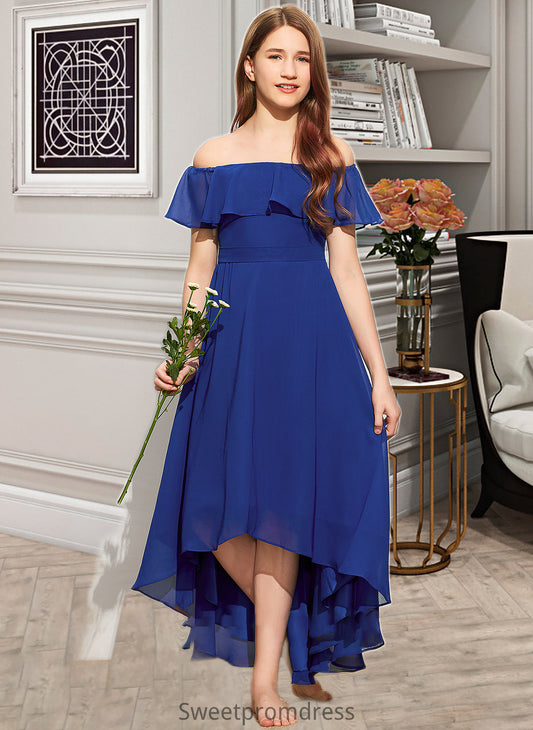 Jaelynn A-Line Off-the-Shoulder Asymmetrical Chiffon Junior Bridesmaid Dress With Cascading Ruffles DHP0013338