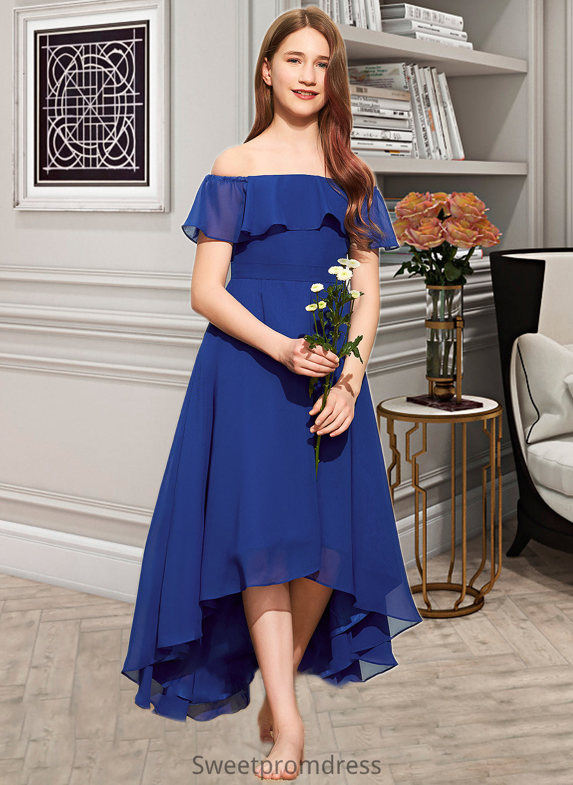 Jaelynn A-Line Off-the-Shoulder Asymmetrical Chiffon Junior Bridesmaid Dress With Cascading Ruffles DHP0013338