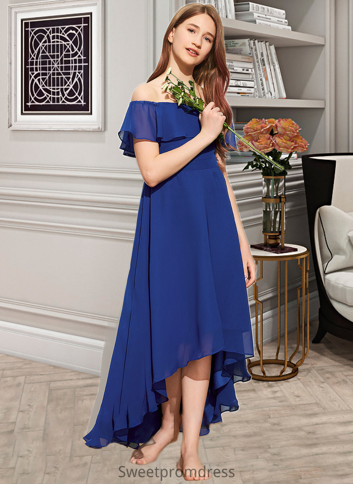 Jaelynn A-Line Off-the-Shoulder Asymmetrical Chiffon Junior Bridesmaid Dress With Cascading Ruffles DHP0013338