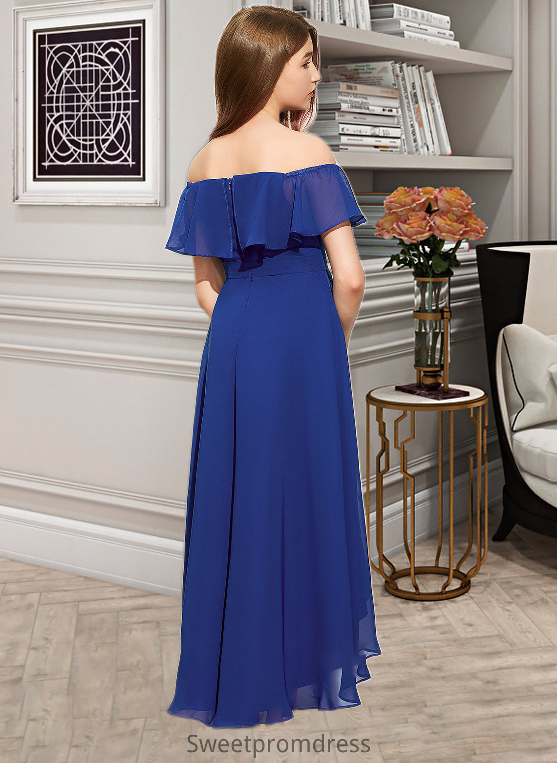 Jaelynn A-Line Off-the-Shoulder Asymmetrical Chiffon Junior Bridesmaid Dress With Cascading Ruffles DHP0013338