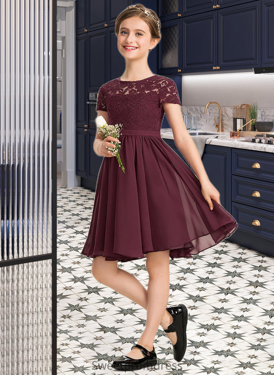 Molly A-Line Scoop Neck Knee-Length Chiffon Lace Junior Bridesmaid Dress With Bow(s) DHP0013339