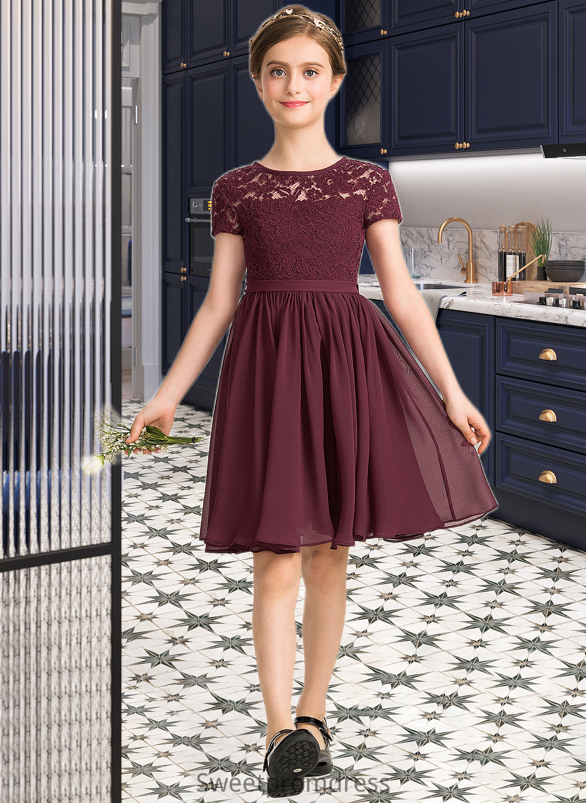 Molly A-Line Scoop Neck Knee-Length Chiffon Lace Junior Bridesmaid Dress With Bow(s) DHP0013339