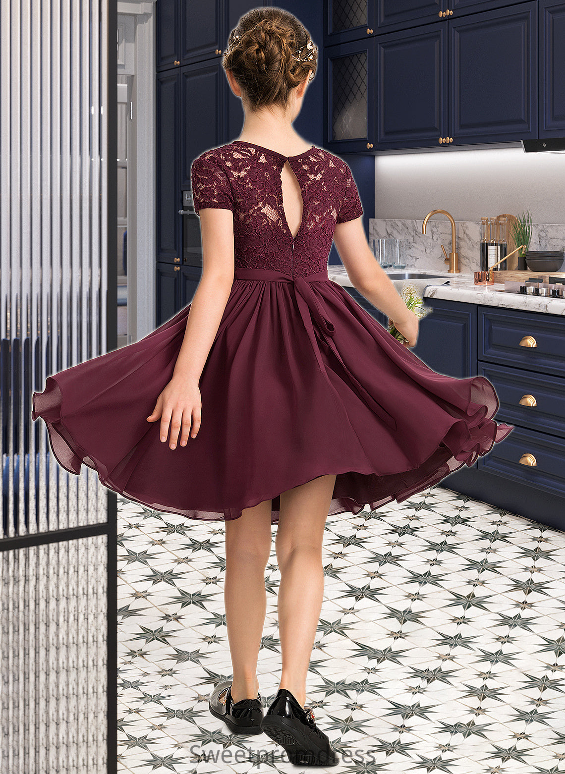 Molly A-Line Scoop Neck Knee-Length Chiffon Lace Junior Bridesmaid Dress With Bow(s) DHP0013339