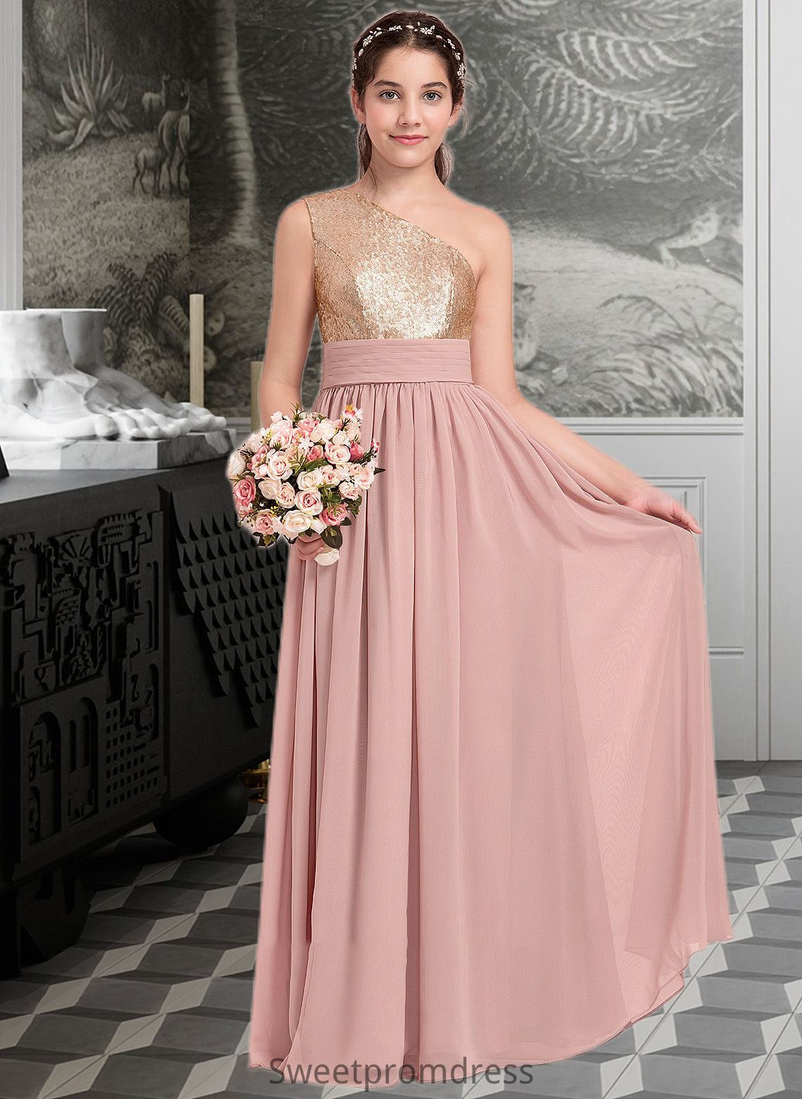 Danna A-Line One-Shoulder Floor-Length Chiffon Junior Bridesmaid Dress With Ruffle DHP0013340